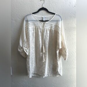 John Mark Cream Flutter Sleeve Blouse with Tie Front